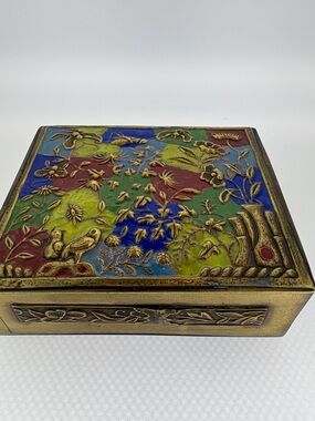 Decorative Brass Box with Colorful Enamel Floral Panel